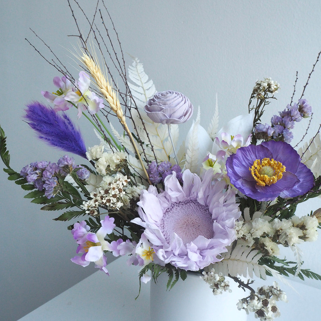Close up of preserved sunflower flower arrangement for same day delivery in Singapore