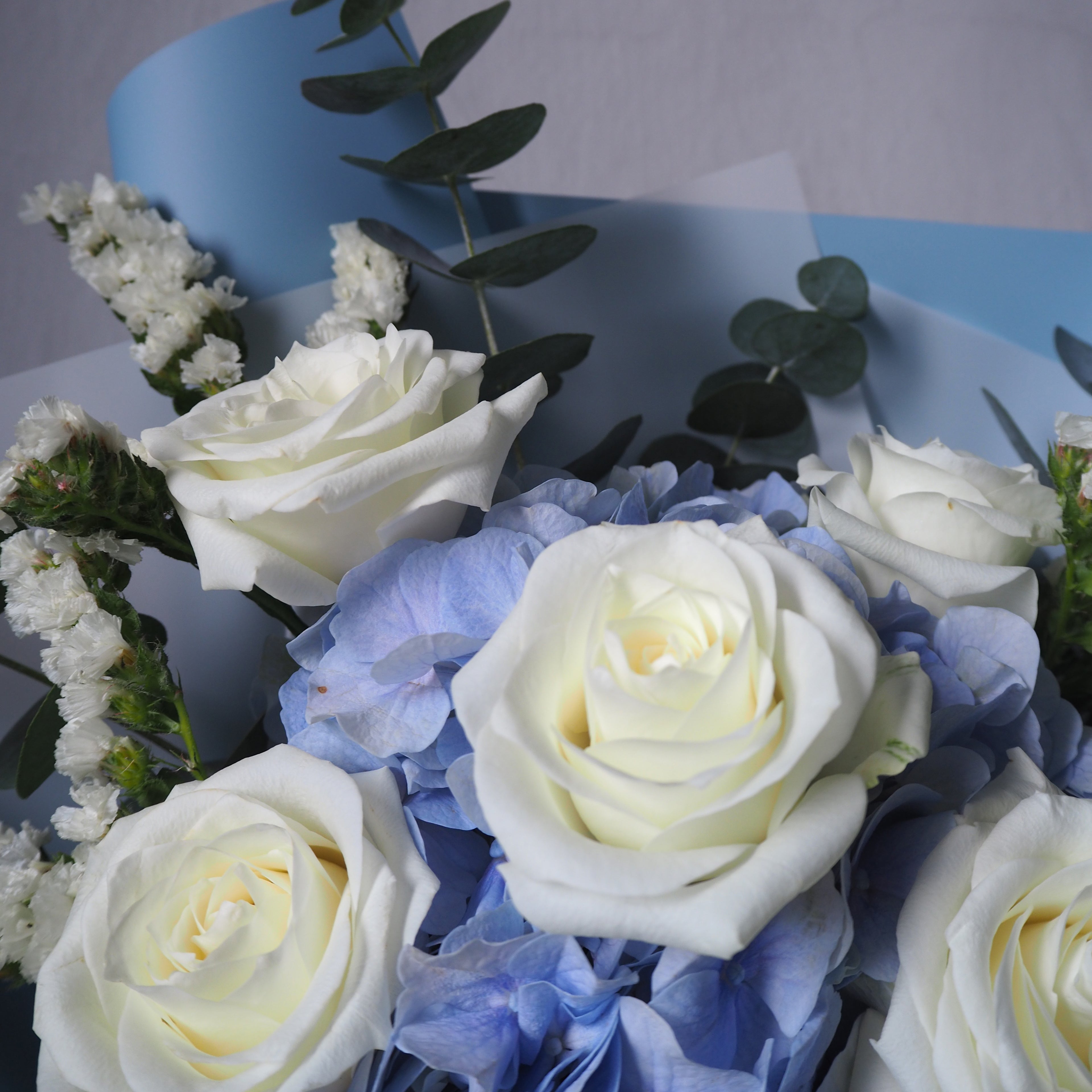 close up of blue hydrangea and white roses with blue wrapper style bouquet