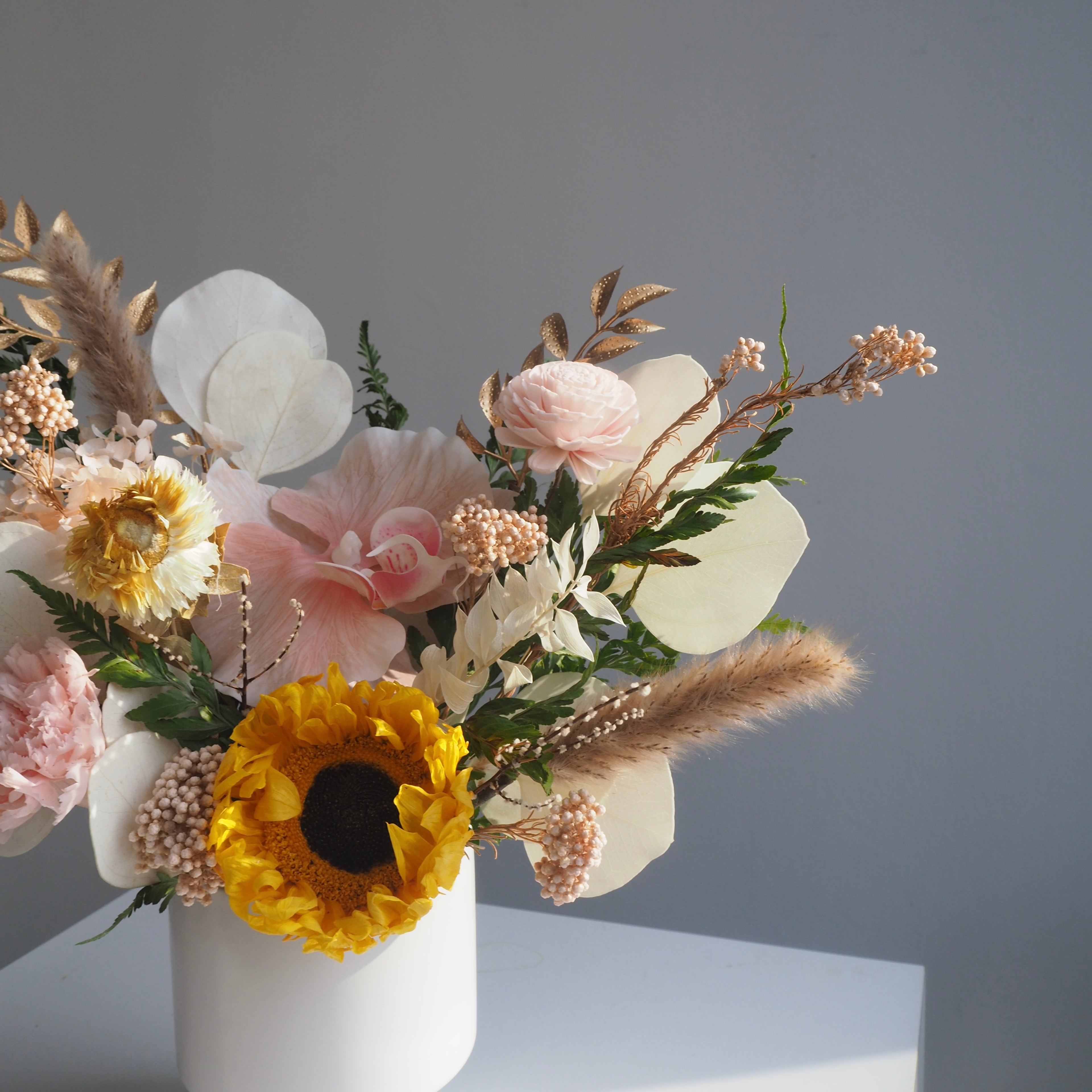 Saffron preserved flower arrangement on minimalist shelf, ready-to-display long-lasting décor in Singapore homes