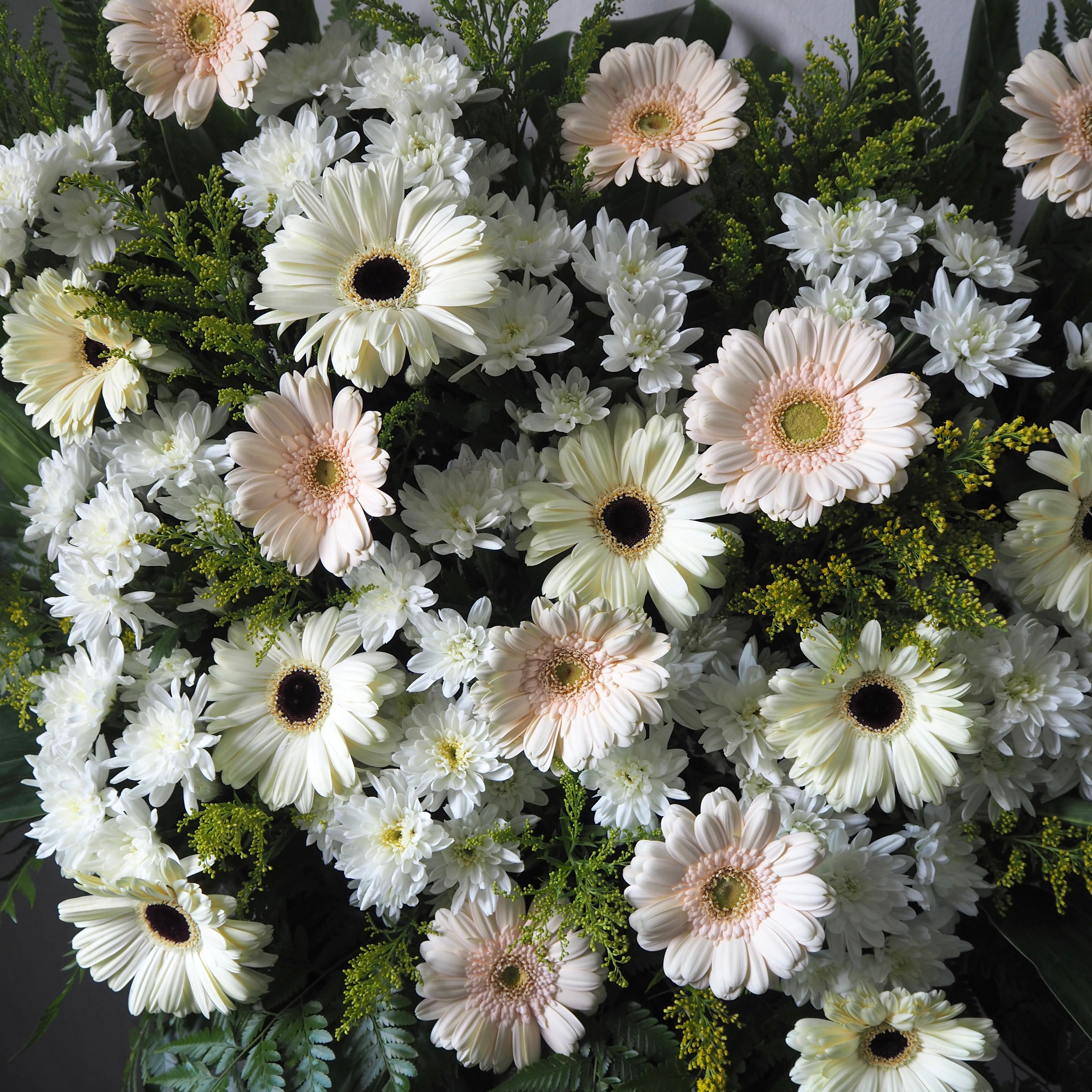 Bouquet of white and light pink flowers with greenery on a dark background