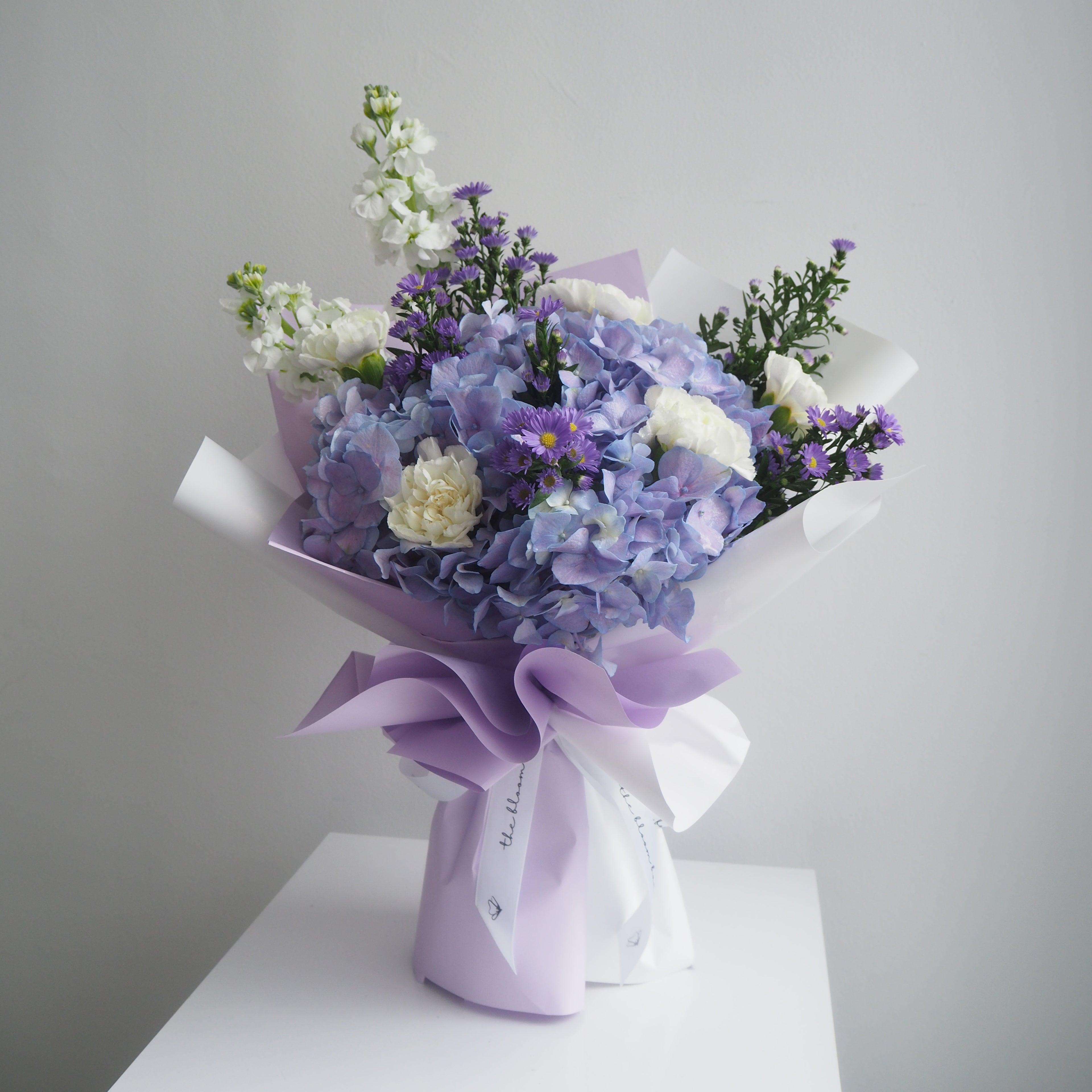 Wisteria purple hydrangea and white carnation bouquet, medium size - The Bloom Box Singapore