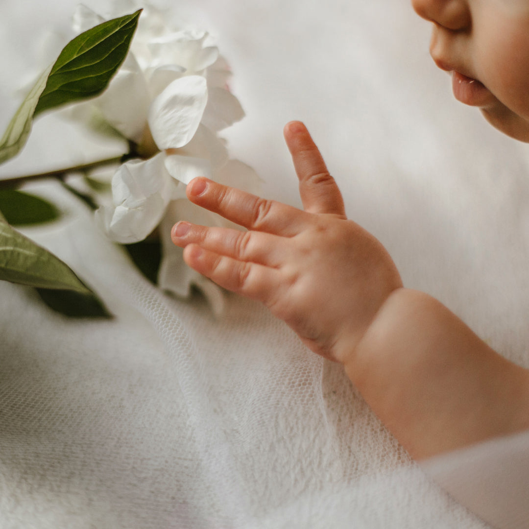 Baby touching flower
