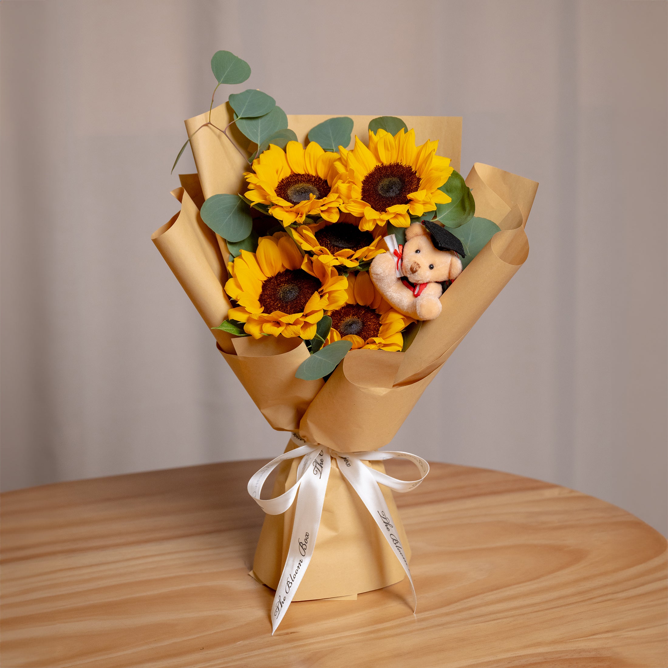 5 stalks of sunflowers graduation bouquet with bear