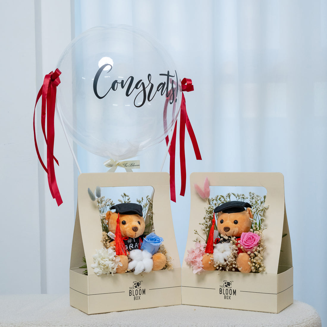 two graduation bear with preserved rose bloom box