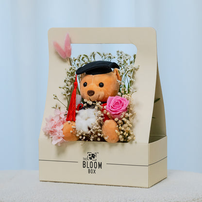 congratulation for graduation bear bloom box in pink rose arrangement