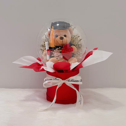 graduation hamper with graduation teddy bear and preserved rose in red cylinder box