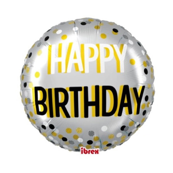 Happy Birthday Confetti Silver Balloon with Helium 18”