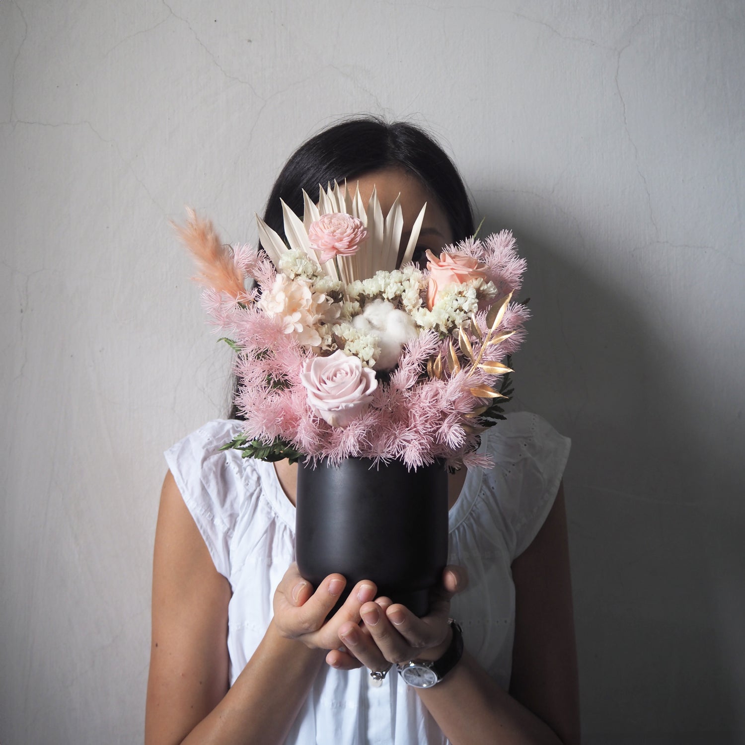 pink preserved flower arrangement