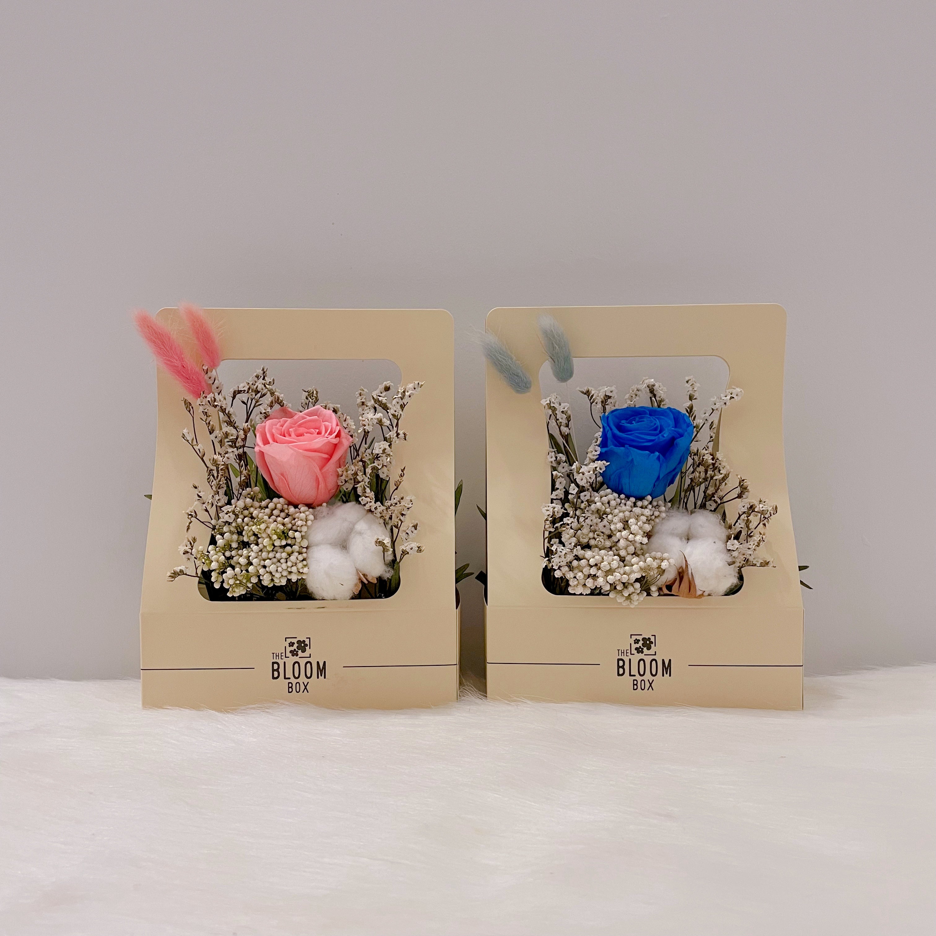 2 mini bloom boxes with pink and blue roses