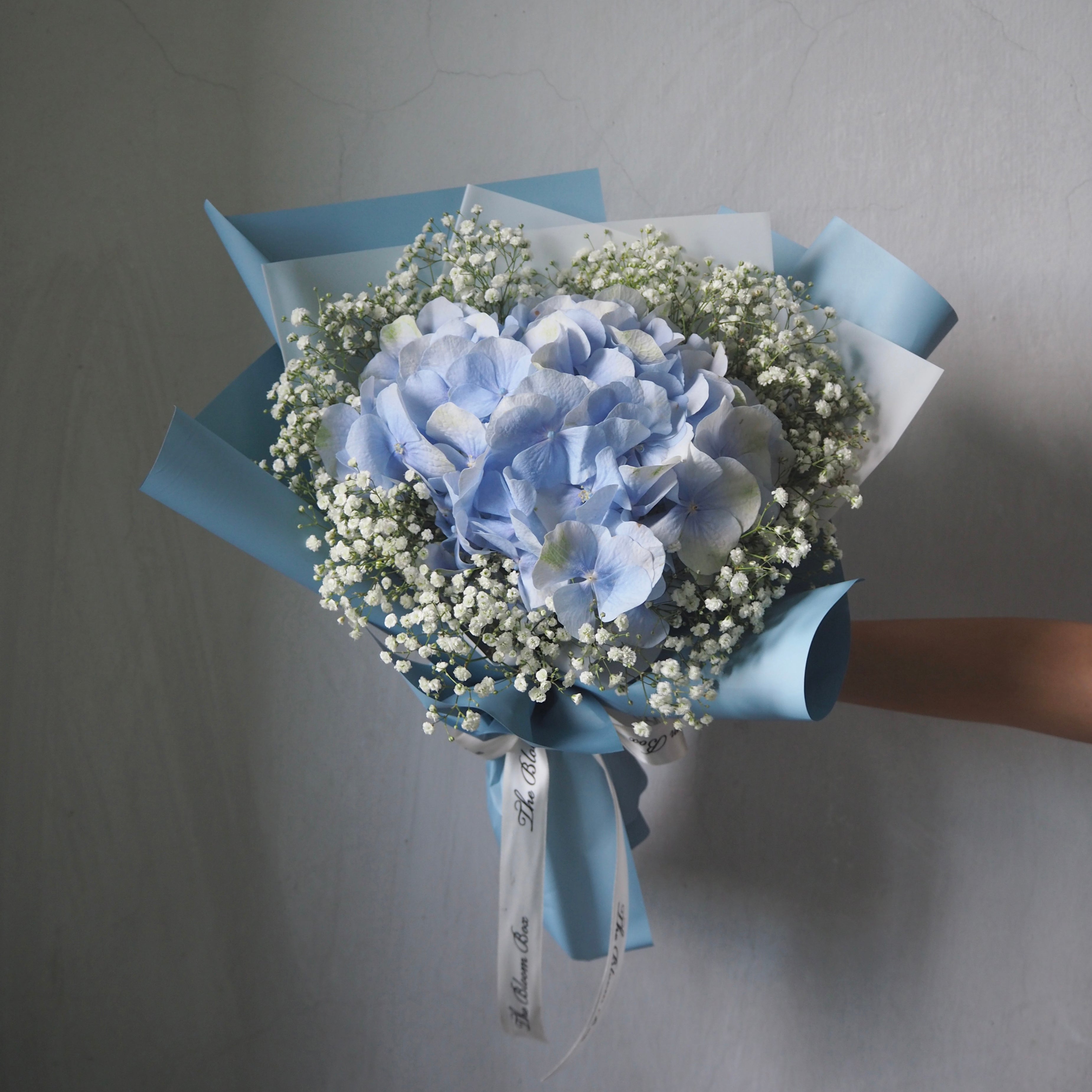 blue hydrangea with baby breath&