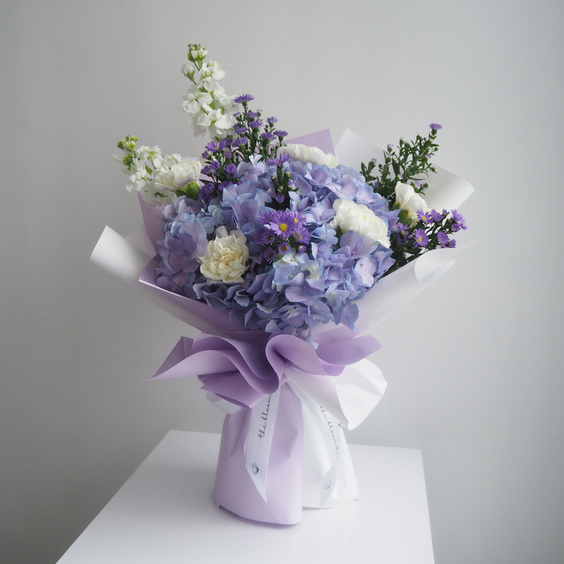 Wisteria purple hydrangea and white carnation bouquet, medium size - The Bloom Box Singapore