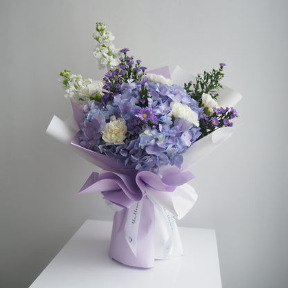 Wisteria purple hydrangea and white carnation bouquet, medium size - The Bloom Box Singapore
